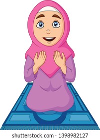 Cartoon Muslim Woman Praying On The Prayer Rug