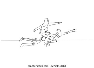 Cartoon of muslim woman riding AI robot. metaphor for artificial intelligence. Single continuous line art style