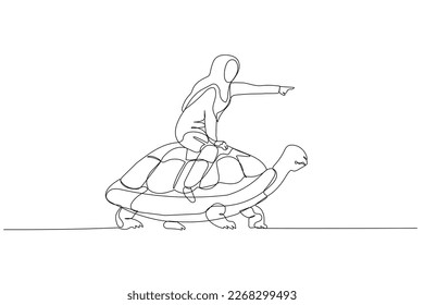 Cartoon of muslim woman riding turtle that walk slowly concept of business development. Single continuous line art