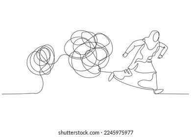 Cartoon of muslim woman running away from tangled line ball concept of avoid problem. Single continuous line art