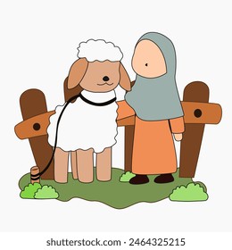 cartoon of a Muslim woman and a sheep standing in front of fench on the occasion of the Eid al-Adha holiday