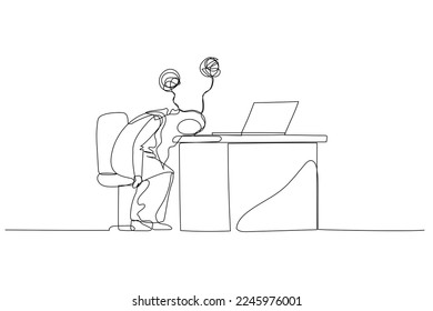 Cartoon of muslim woman tired lay head in chair looking tire and stress. Single line art style