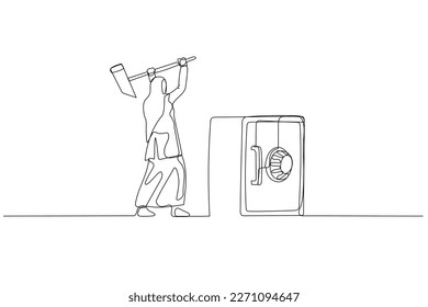 Cartoon of muslim woman try to break safety deposit box with hammer. Concept of crime. Single continuous line art style