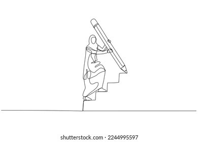 Cartoon of muslim woman use huge pencil draw staircase climbing up ladder concept of business development. Single continuous line art