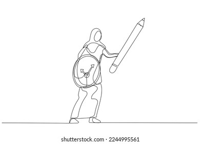 Cartoon of muslim woman using pencil as sword and clock as shield concept of procrastination or time management. Single line art style