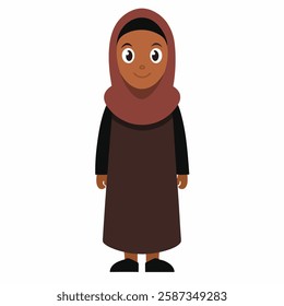 a cartoon muslim women in traditional brown clothing.Isolated on white background. Suitable for children's books, sticker,t shirt design, mascot, logo.Front view. Vector illustration. 