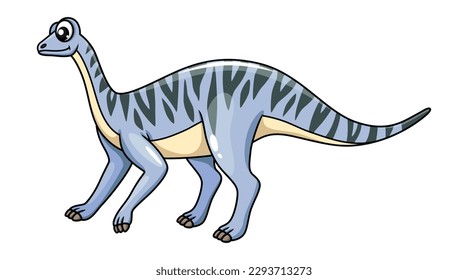 Cartoon mussaurus dinosaur character. Isolated vector herbivorous sauropodomorph dino of late triassic period. Prehistoric animal with blue skin and black stripes. Wild monster paleontology creature