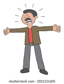 Cartoon mustache dad man is angry and shouting vector illustration. Colored and black outlines.