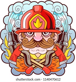 cartoon mustache fireman, design, funny illustration, emblem