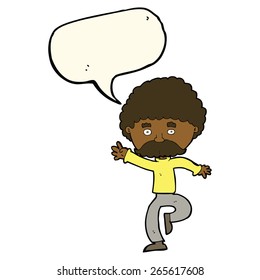 cartoon mustache man disco dancing with speech bubble