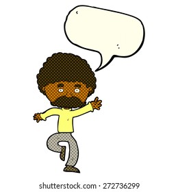 cartoon mustache man disco dancing with speech bubble