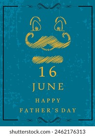 Cartoon mustache man face illustration for Happy Father's Day Greeting Card with 16 June Text.