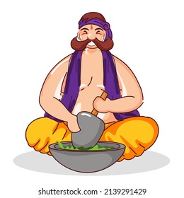 Cartoon Mustache Man Grenking Weed aus Mortar und Pestle auf weißem Hintergrund.