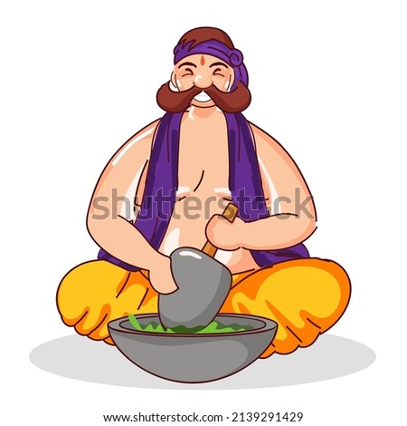Cartoon Mustache Man Grinding Weed From Mortar And Pestle On White Background.
