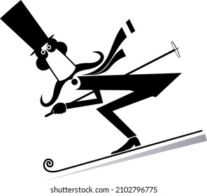 Caricatura de bigote hombre en la parte superior de un sombrero ilustrador esquiador. Caballero de bigote largo en el sombrero superior esquiador cuesta abajo negro sobre blanco
