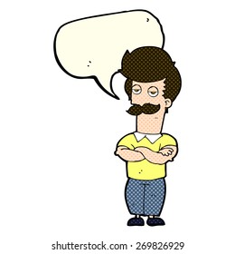 cartoon mustache muscle man with speech bubble
