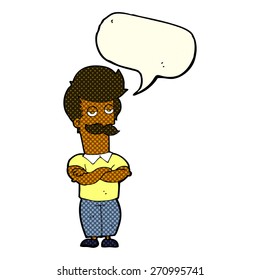 cartoon mustache muscle man with speech bubble
