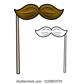 Cartoon mustache for parties and practical jokes, mustache on a stick, fake funny mustache. Vector cartoon illustration on a white background