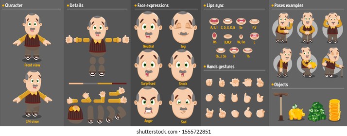 Cartoon mustached elderly man constructor for animation. Parts of body: legs, arms, face emotions, hands gestures, lips sync. Full length, front, three quater view. Set of ready to use poses, objects.