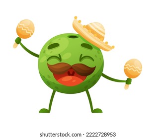 Cartoon Mustached Green Lime Fruit in Sombrero Hat with Maraca Dancing and Cheering Enjoying Summer Season Vector Illustration