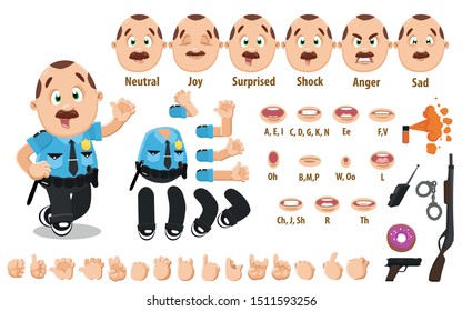 Cartoon mustached policeman constructor for animation. Parts of body: legs, arms, face emotions, hands gestures, lips sync. Full length, front, three quater view. Set of ready to use poses, objects.