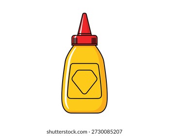 Botella de mostaza de dibujos animados con punta roja y etiqueta en blanco sobre fondo amarillo