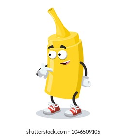 cartoon mustard mascot showing himself on a white background
