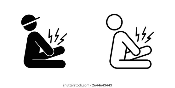 Cartoon myodynia or myalgia. A man has a cramp and scream pain. Unhealthy, suffer from pain, with spasm in leg. Medicine and healthcare. Sports injury, cramp due to sports activities.