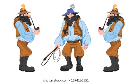 Cartoon Mystic Man With Beard And Hunting Crop Smoking A Long Pipe. Vector Set