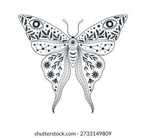 Cartoon mystic moth insect magic tattoo, mystery butterfly silhouette. Witchcraft night flower talisman with boho vintage ornament wings. Esoteric floral witchy bohemian art for print