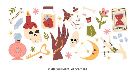 Cartoon mystical magic and witchcraft set. Abstract stickers: skull, potion, halloween, botanical elements, tarot cards. Wild magic doodle shapes in retro vintage style hand drawn