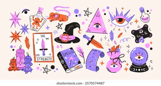 Cartoon mystical magic and witchcraft set. Abstract stickers: skull, potion, halloween, botanical elements, tarot cards. Wild magic doodle shapes in retro vintage style hand drawn