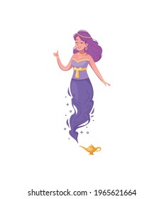 Cartoon myth character of woman genie with purple hair clothes and golden lamp vector illustration