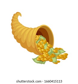 Cartoon Mythical Cornucopia Overflowing With Cash Money And Coins Vector Graphic Illustration. Luxury Ancient Successful Gold Horn Abundance Filled Currency Isolated On White Background