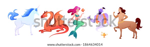 Cartoon mythology collection with myth fairy\
tale characters, fantastic beasts and monsters, mermaid centaur\
unicorn genie phoenix isolated on\
white