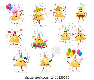 Cartoon nachos chips characters on birthday holiday anniversary. Mexican cuisine crispy shack cheerful clown and musicians personages, funny nachos with clapper, birthday cake, salsa dip and balloons