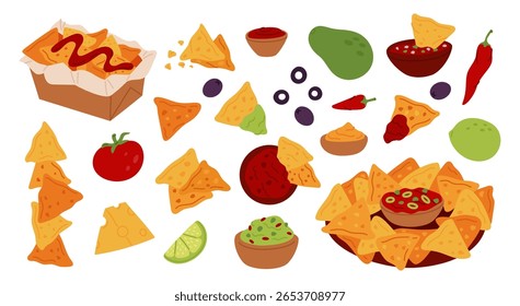 Cartoon nachos. Corn chips, triangular dry snacks, different sauces and additives, avocado guacamole dip, salsa bowl, ketchup, isolated mexican traditional menu elements, garish vector set