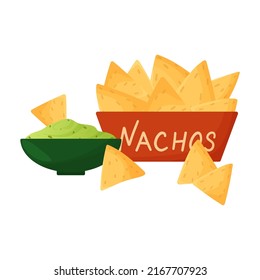 Cartoon nachos with guacamole isolated on white background. Vector illustration of mexican food  