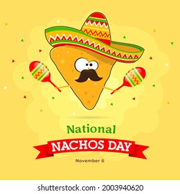 Cartoon nachos in a Mexican hat and maracas in his hands 