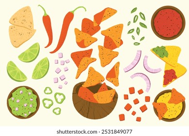 Nachos de dibujos animados. Comida tradicional mexicana con salsa de queso y salsa, aperitivo de comida rápida con chips de maíz estilo plano. Conjunto aislado de Vector.