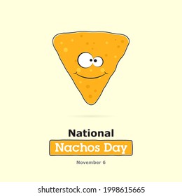 Cartoon nachos with a smile on his face, yellow background. Holiday concept, national nachos day 