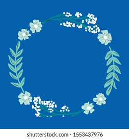 cartoon naive floral wreath with leaves and twigs vector on blu background hand drawn style