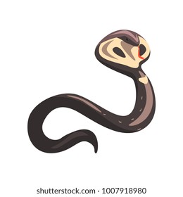 Cartoon naja or king cobra with tongue out. Longest venomous wild serpent with hood. Dangerous and venomous reptile. Wildlife concept. Colorful flat vector design