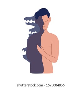 Cartoon Naked Man Posing With Half Shadow Body Vector Flat Illustration. Duality Male Having Dark Side Of Personality Isolated On White Background. Concept Of Psychological Problems And Conditions