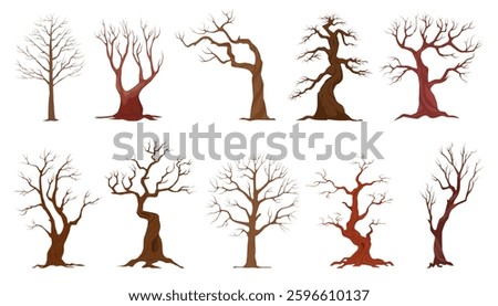 Cartoon naked trees. Old dead plants, scary forest elements, dry branches, spooky winter season wood without leaves, isolated elements, different shapes, decorative qualitative vector set