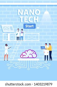 Cartoon Nano Tech Research Lab Metaphor Vertical Banner. Vector Two-story Center for Brain Activity Study, Development, Improvement. Disease Treatment, Nanomedicine and Engineering. Flat Illustration