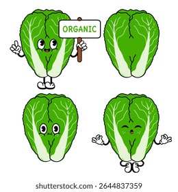 Cartoon napa repolho personagem exibindo defesa de alimentos orgânicos com múltiplas poses alegres e sinalização informativa