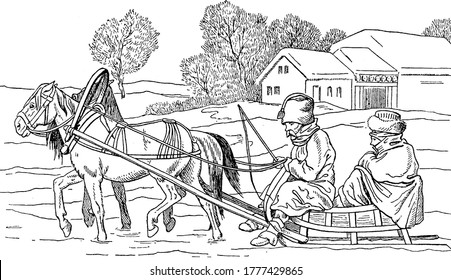 Cartoon of Napoleon returning to home in Horsecart, vintage line drawing or engraving illustration.