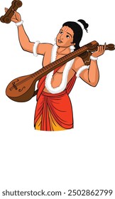 Cartoon Naradha Illustration Vector, Hindu Devotional Character