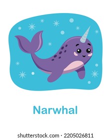 Cartoon Narwhal, Arctic Animal, Blue Background. Cards For Learning Children